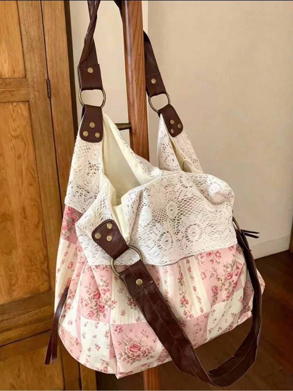 Floral Crochet Trim Tote Bag with Brown Straps